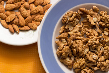 Almonds and walnuts in plates