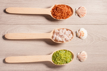 Spa nature products. Wooden spoons with brown, white and green sea salt for bathroom procedures