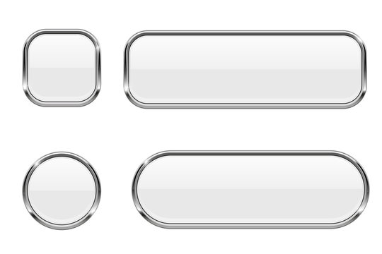 White buttons. Glass 3d icons with chrome frame