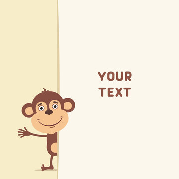 Funny monkey looks out over the fields to text. Template with monkey for cards, invitations or greetings