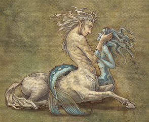 centaur and mermaid - obrazy, fototapety, plakaty