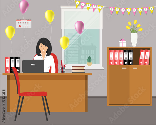 Workplace Of An Office Worker Decorated For His Birthday Young Workplace Of An Office Worker Decorated For His Birthday Young Woman Is Sitting At The Desk On Window Background There Are Yellow And Pink Balloons