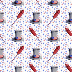 Hand painted watercolor illustration 4th of july independence day holiday celebration seamless pattern hat fireworks stars blue red white background - 195324624