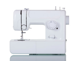 Modern multi-functional household sewing machine isolated on white