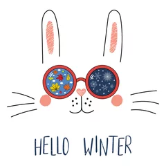 Poster Hand drawn portrait of a cute funny bunny in sunglasses with snowflakes, autumn leaves reflection, text Hello Winter. Isolated objects on white background. Vector illustration. Design season change. © Maria Skrigan