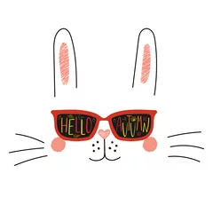 Zelfklevend Fotobehang Hand drawn portrait of a cute cartoon funny bunny in sunglasses with falling leaves reflection, text Hello Autumn. Isolated objects on white background. Vector illustration. Design change of seasons. © Maria Skrigan