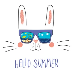 Poster Hand drawn portrait of a cute cartoon funny bunny in sunglasses with beach scene reflection, text Hello Summer. Isolated objects on white background. Vector illustration. Design change of seasons. © Maria Skrigan