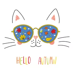 Poster Hand drawn portrait of a cute cartoon funny cat in sunglasses with falling leaves reflection, text Hello Autumn. Isolated objects on white background. Vector illustration. Design change of seasons. © Maria Skrigan