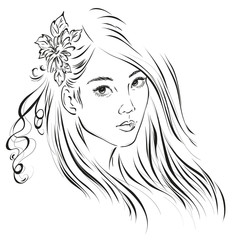 Graphic image of a young Asian girl with long hair. Vector illustration