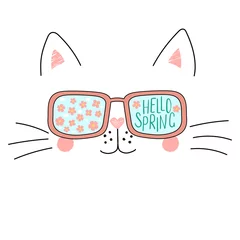 Poster Hand drawn portrait of a cute cartoon funny cat in sunglasses with cherry blossoms reflection, text Hello Spring. Isolated objects on white background. Vector illustration. Design change of seasons. © Maria Skrigan
