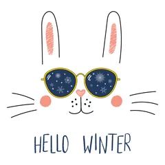 Poster Hand drawn portrait of a cute cartoon funny bunny in sunglasses with snowflakes reflection, text Hello Winter. Isolated objects on white background. Vector illustration. Design for change of seasons. © Maria Skrigan