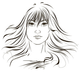 Graphic image of a young beautiful girl with fluttering hair. Vector illustration