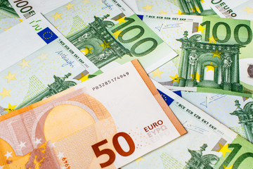 Euro banknotes close up. Several hundred euro banknotes