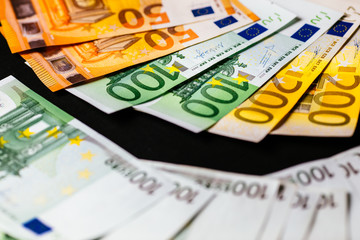 Euro banknotes close up. Several hundred euro banknotes