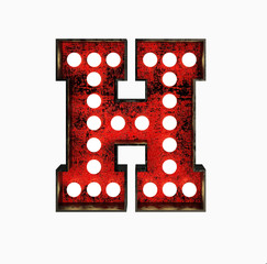 Letter H. Broadway Style Light Bulb Font made of rusty metal frame. 3d Rendering isolated on Black Background