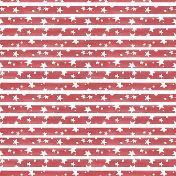 Hand painted watercolor illustration 4th of july independence day holiday celebration seamless pattern red stripes white stars