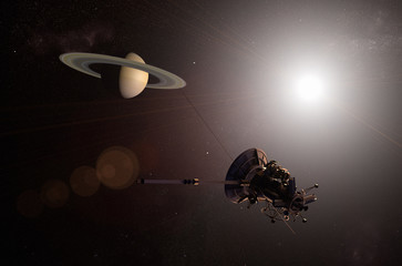 Fototapeta premium 3D rendering of an unmanned spacecraft approaching the planet Saturn