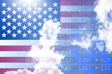 Trade war concept with us flag on cloudy sky stockwall background