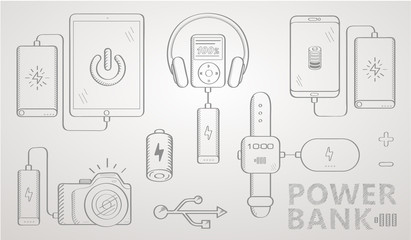 Power bank sketch set. Vector Design.