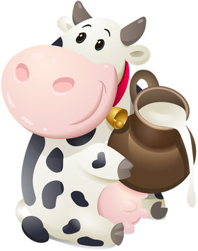 Cartoon chubby cow with jug of milk. Vector clip art illustration with simple gradients.