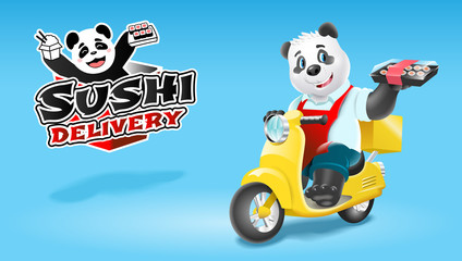 Panda sushi delivery on scooter. Vector clip art illustration.