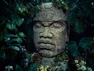 Fotobehang Olmeken sculptuur gesneden uit steen. Groot stenen hoofdbeeld in een jungle © marmoset