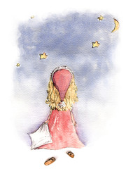 Hand painted watercolor sketch illustration baby girl watching stars - 195327242