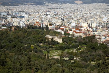 The temple of Thisseio or temple of Hephaestus as seen from Acropolis of Athens, Greece.