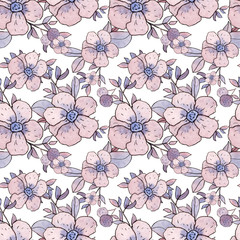Hand painted watercolor floral pattern pink purple colors seamless - 195327882