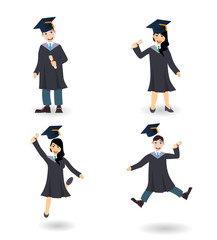 A young graduate man and woman. Set of cartoon charcters illustration