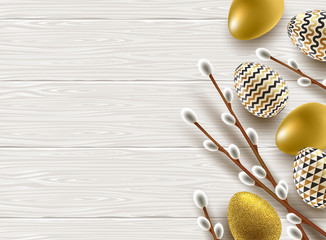 Easter illustration. Pussy-willow branches, decorated eggs on a wooden desktop.