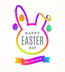 Easter greeting card. Cut from multicolored paper silhouette of a rabbit's head with Easter greeting and hanging decorated eggs.  Vector illustration