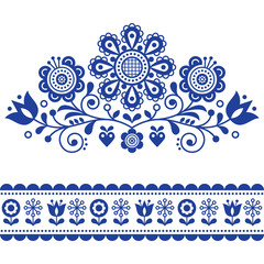 Scandinavian vector folk art pattern with flowers, traditional floral frame or border design