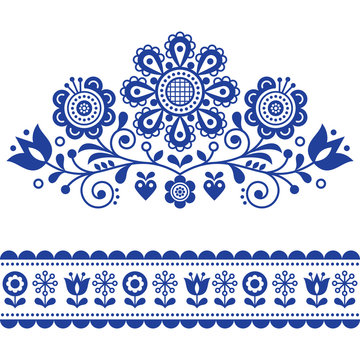 Fototapeta Scandinavian vector folk art pattern with flowers, traditional floral frame or border design