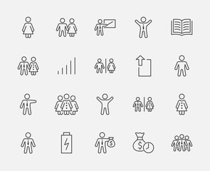 Set of people vector line icons. It contains the symbols of a man, a woman, a family, a toilet, a businessman, a teacher, and much more. Editable move. 32x32 pixels.