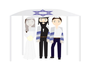 Jewish wedding vector illustration, Bride, groom and a rabbi under a chuppah