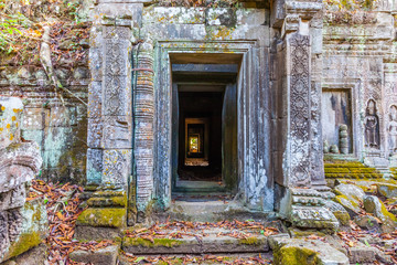 Fototapeta na wymiar Ta Prohm, door corridor through the temple at Angkor Wat complex in Cambodia. It was founded by the Khmer King and build as Mahayana Buddhist monastery and university. 
