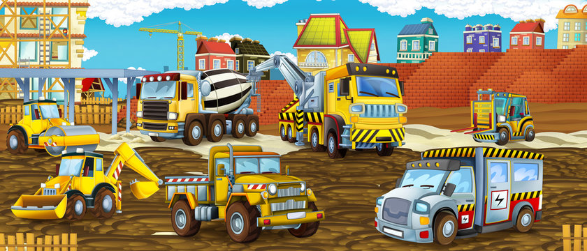 cartoon scene with different construction site vehicles - illustration for children