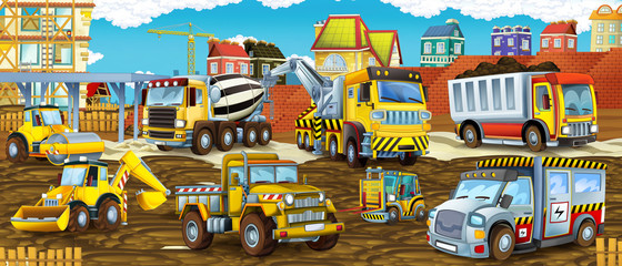 Plakat cartoon scene with different construction site vehicles - illustration for children