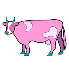 A cow with an udder. Illustration in pink tones. Isolated image on white background. Raster.