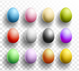 Happy Easter colored Eggs set with shadows on transparent background. Vector illustration for Spring Celebration with Easter Egg Hunt element.