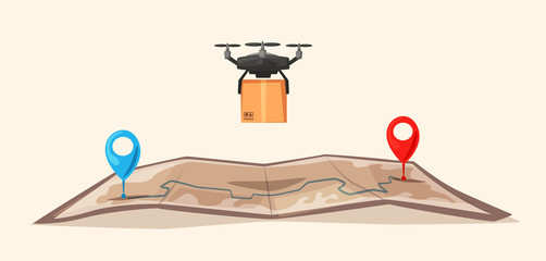 Paper map with pins. Vector cartoon illustration