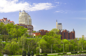 Landscape of the Dnipro city, view of the buildings,  skyscrapers  and park  from the Monastery...