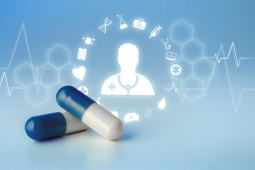 Medecine and general healthcare icon displayed on a technology medical interace interface