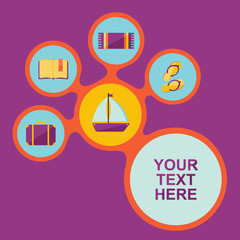 Card with elements, such as: beach towel, book, ship, bag, slippers