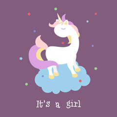 Cartoon unicorn on purple background