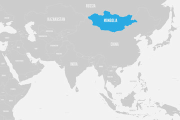 Mongolia blue marked in political map of Southern Asia. Vector illustration.