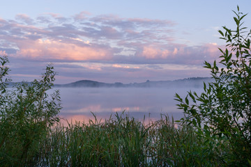 Fototapeta na wymiar River with fog and pink clouds and frame of green coastal thickets at dawn.