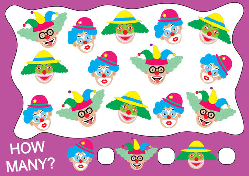Count how many clowns. Educational game.