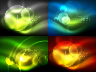 Set of blurred neon glowing circles, hi-tech modern bubble templates, techno glowing glass round shapes or spheres. Geometric abstract backgrounds